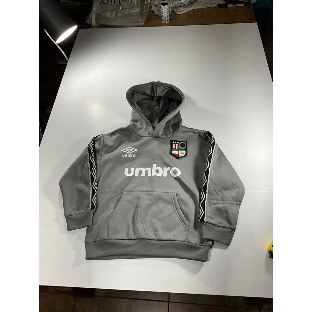 Umbro Kids Gray Soccer Pullover Hoodie Logo Sleeve Tape Graphic Sweatshirt S